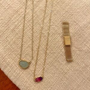 Jewelry Set of 3 Ocean Druzy, Hot Pink Gem Necklaces, Gold Mesh Bracelet